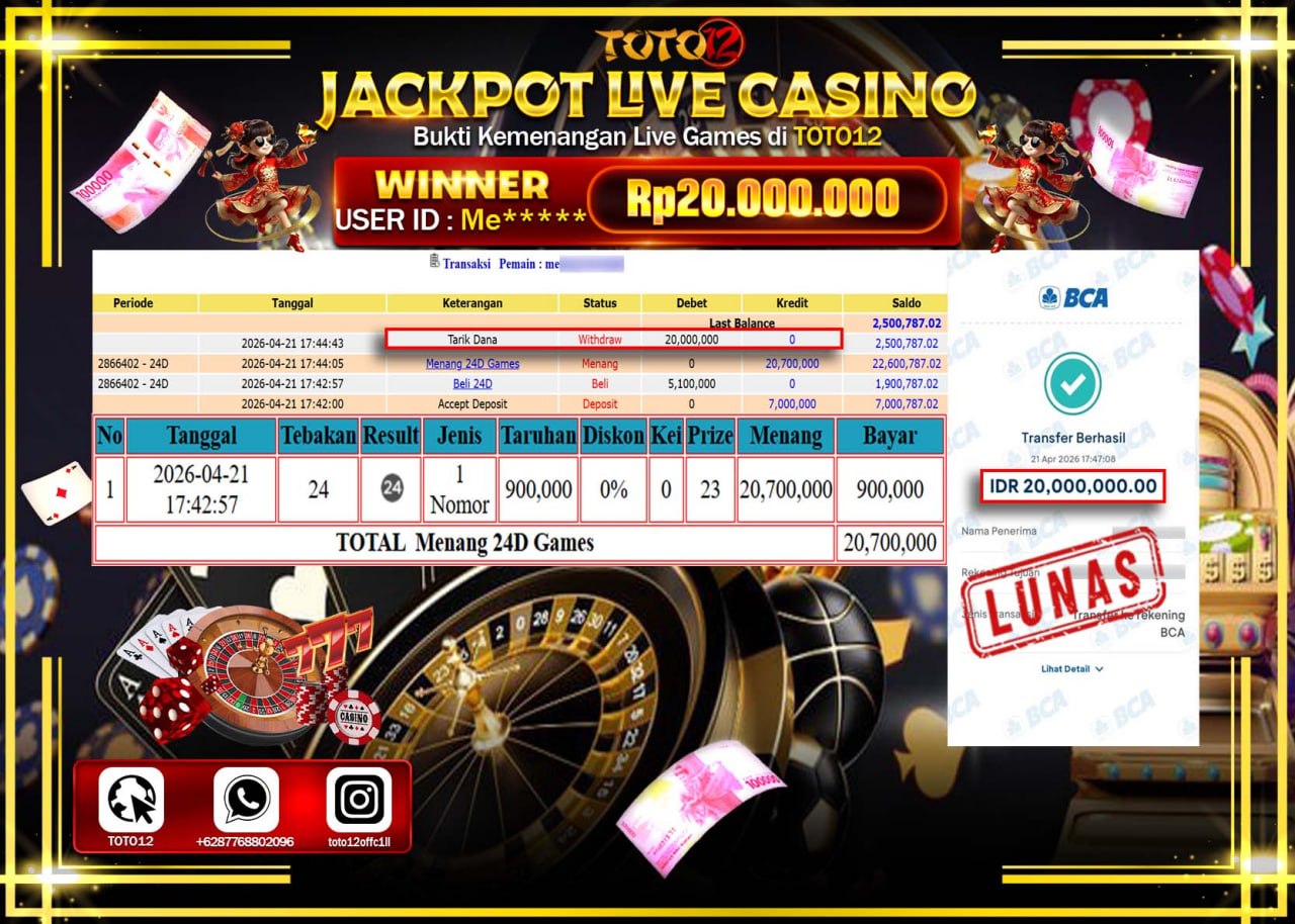 HANYA DI TOTO12 JP PASTI DI BAYAR LUNAS DAN CEPAT!!!!!! JACKPOT LIVE GAMES CASINO (24D) Rp.20.000.000!!!!
