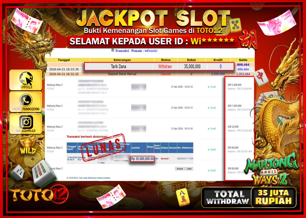 HANYA DI TOTO12 JP PASTI DI BAYAR LUNAS DAN CEPAT!!!!!! JACKPOT SLOT GAME (MAHJONG WAYS 2) Rp.35.000.000!!!!