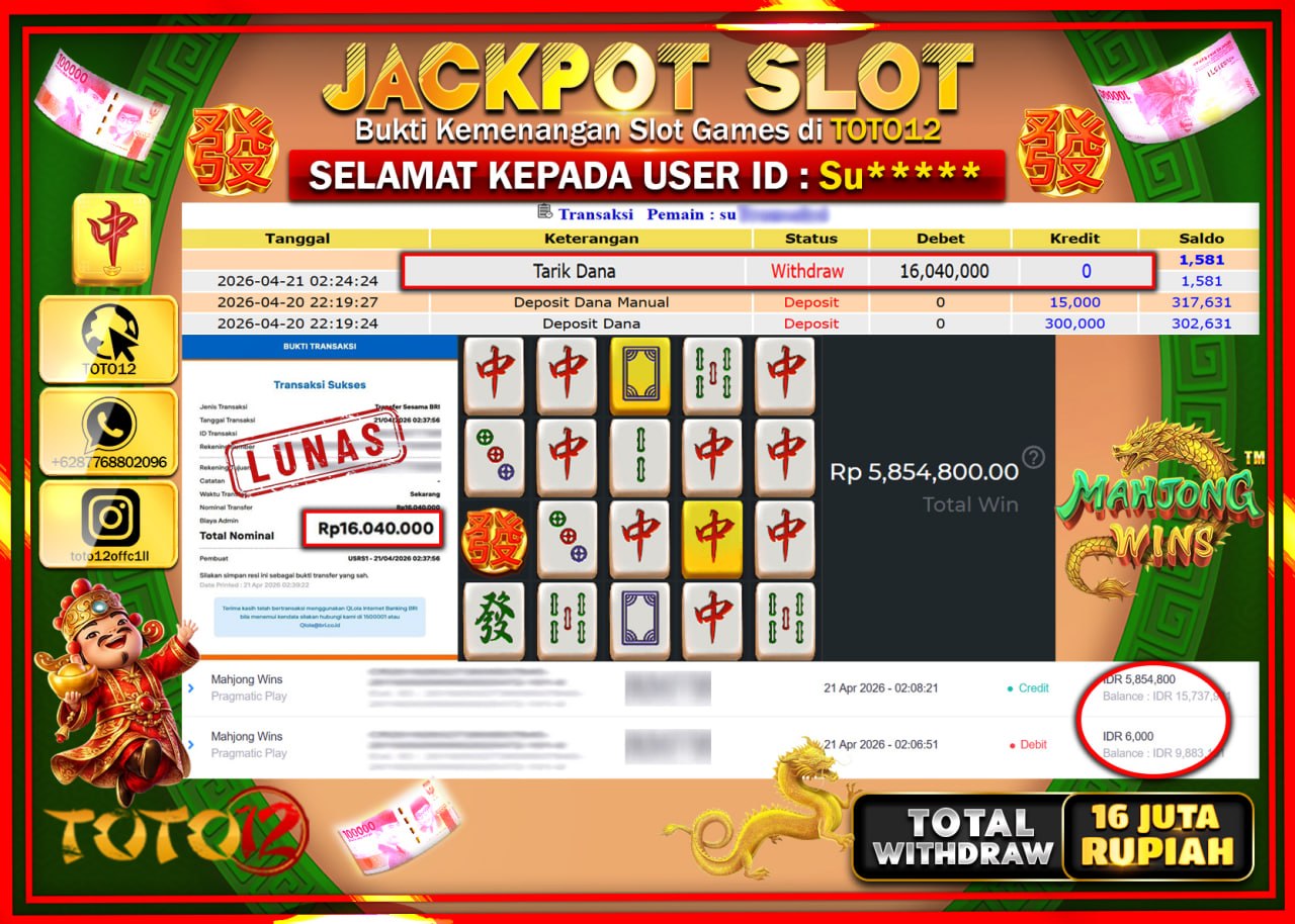 HANYA DI TOTO12 JP PASTI DI BAYAR LUNAS DAN CEPAT!!!!!! JACKPOT SLOT GAME (MAHJONG WINS) Rp.16.040.000!!!!