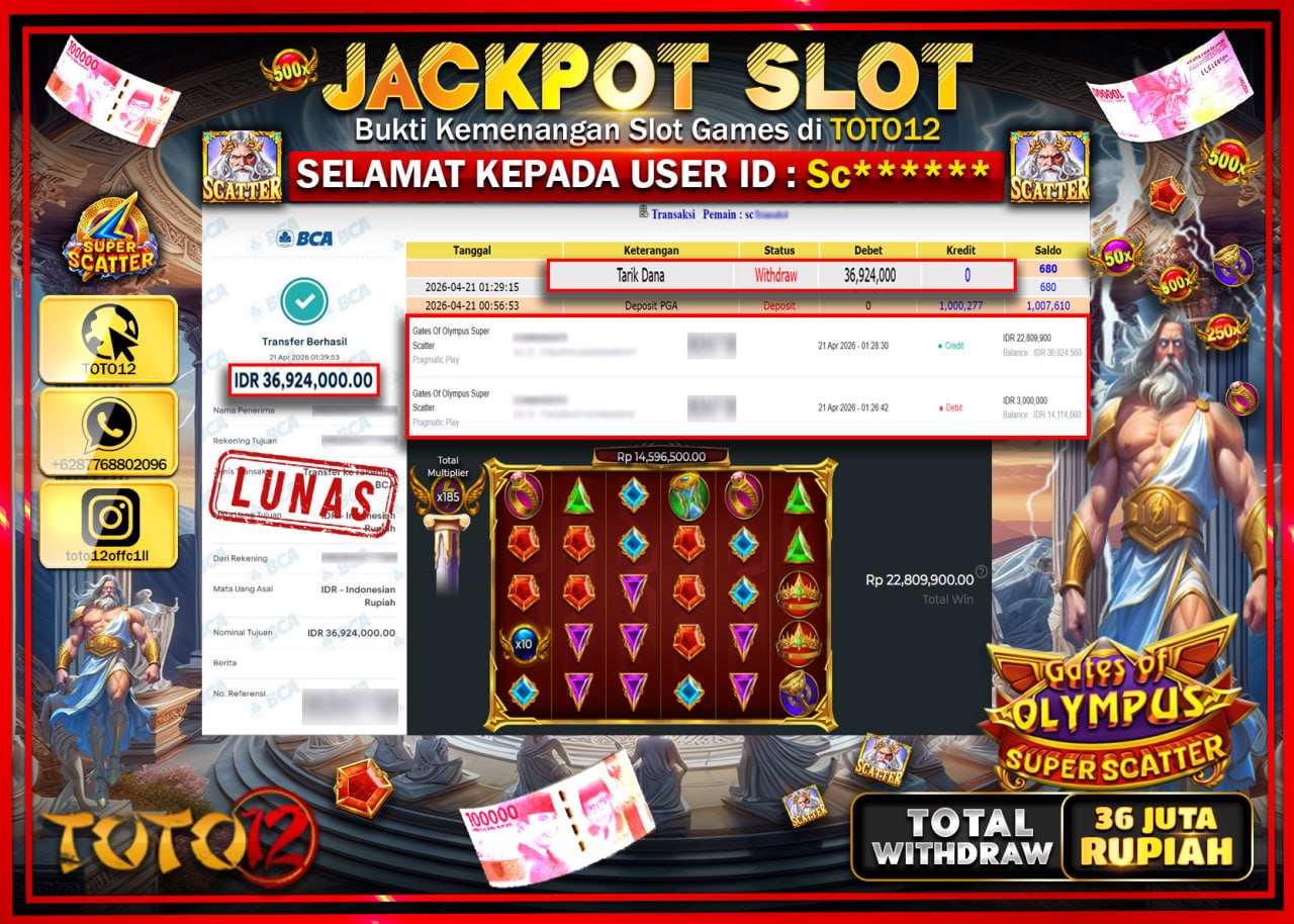 HANYA DI TOTO12 JP PASTI DI BAYAR LUNAS DAN CEPAT!!!!!! JACKPOT SLOT GAME (GATES OF OLYMPUS SUPER SCATTER) Rp.36.924.000!!!!