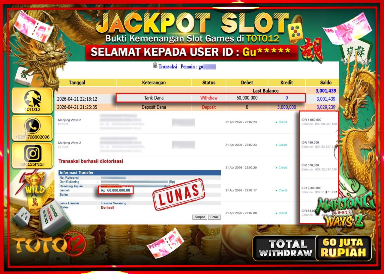 HANYA DI TOTO12 JP PASTI DI BAYAR LUNAS DAN CEPAT!!!!!! JACKPOT SLOT GAME (MAHJONG WAYS 2) Rp.60.000.000!!!!