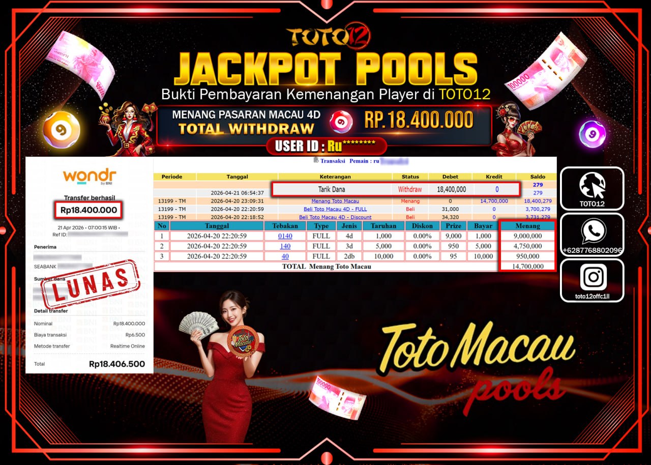 HANYA DI TOTO12 JP PASTI DI BAYAR LUNAS DAN CEPAT!!!!!! JACKPOT POOLS PASARAN(MACAU 4D) Rp.18.400.000!!!!