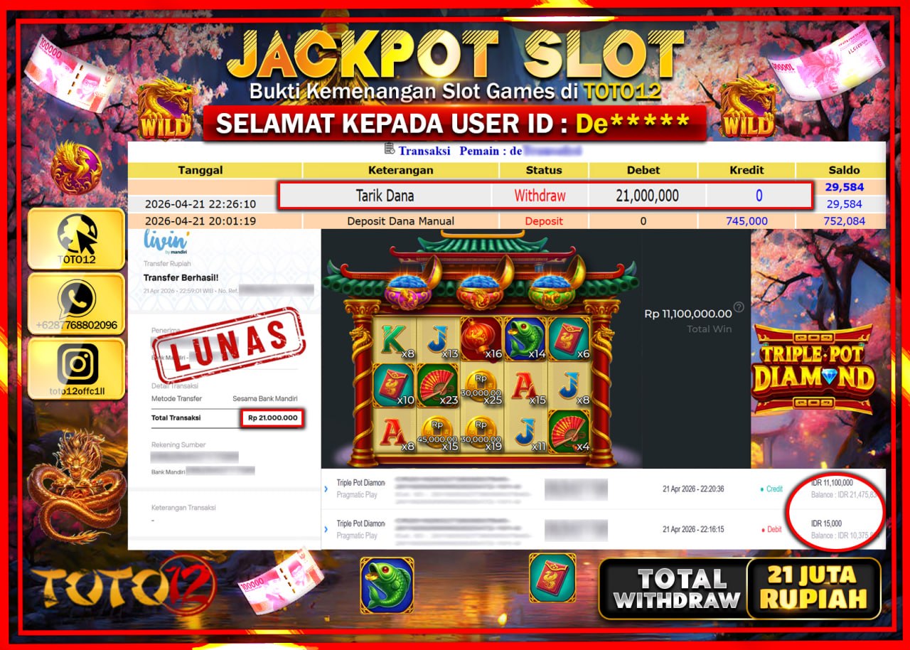 HANYA DI TOTO12 JP PASTI DI BAYAR LUNAS DAN CEPAT!!!!!! JACKPOT SLOT GAME (TRIPEL POT DIAMON) Rp.21.000.000!!!!