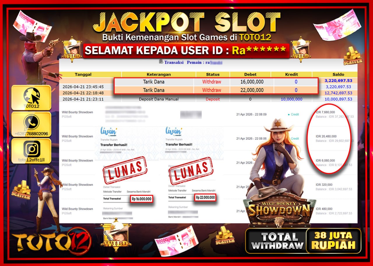 HANYA DI TOTO12 JP PASTI DI BAYAR LUNAS DAN CEPAT!!!!!! JACKPOT SLOT GAME (WILD BOUNTY SHOWDOWN) Rp.38.000.000!!!!
