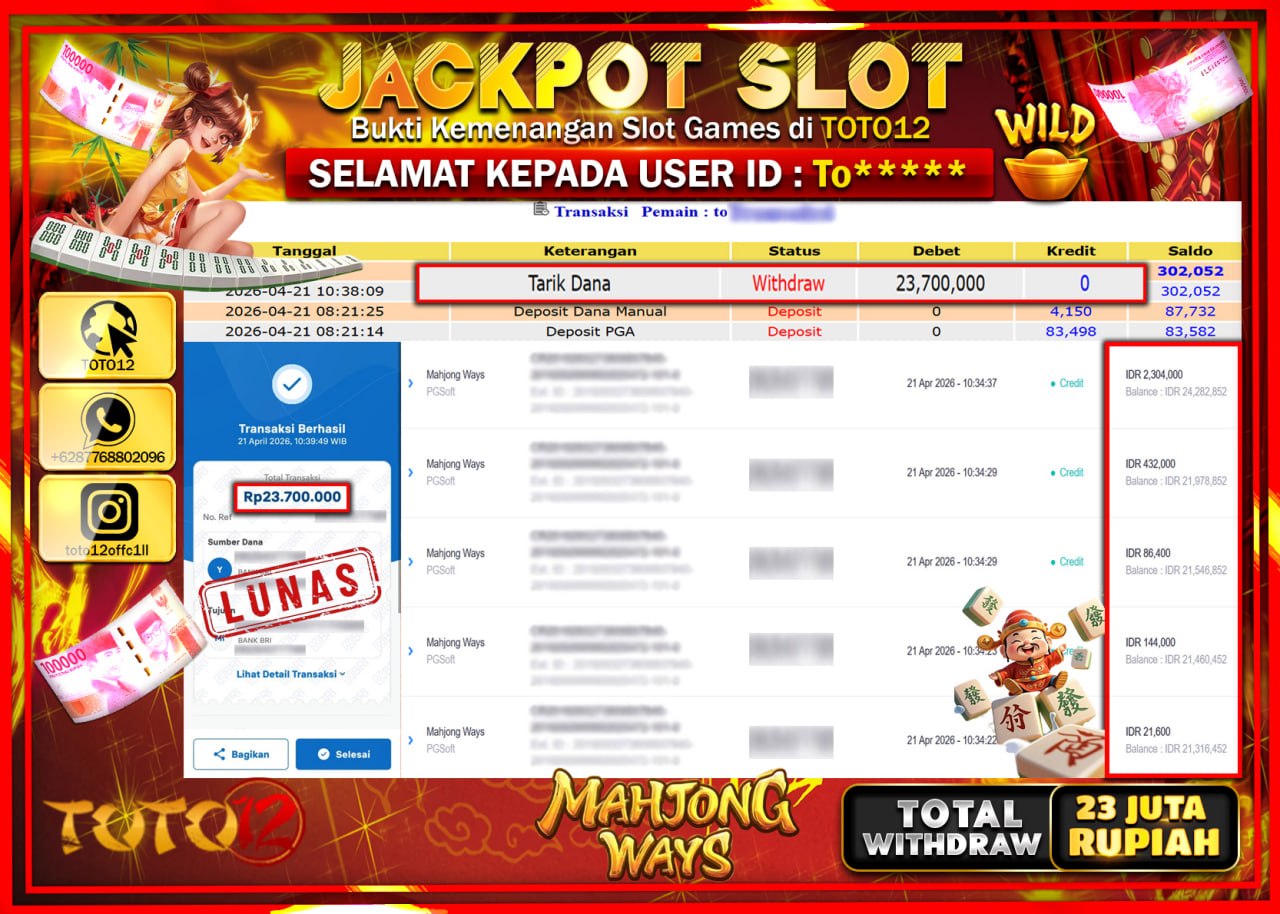 HANYA DI TOTO12 JP PASTI DI BAYAR LUNAS DAN CEPAT!!!!!! JACKPOT SLOT GAME (MAHJONG WAYS) Rp.23.700.000!!!!