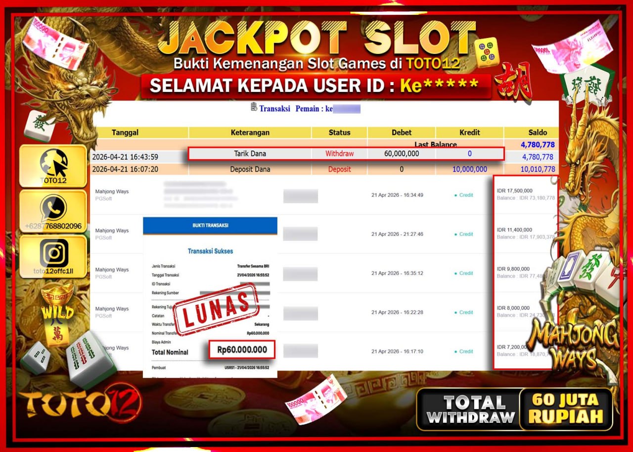 HANYA DI TOTO12 JP PASTI DI BAYAR LUNAS DAN CEPAT!!!!!! JACKPOT SLOT GAME (MAHJONG WAYS) Rp.60.000.000!!!!