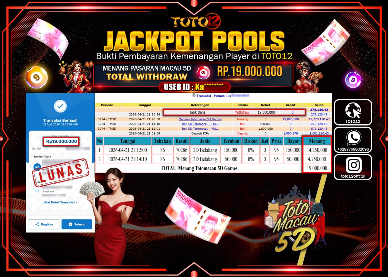 HANYA DI TOTO12 JP PASTI DI BAYAR LUNAS DAN CEPAT!!!!!! JACKPOT POOLS PASARAN(MACAU 5D) Rp.19.000.000!!!!