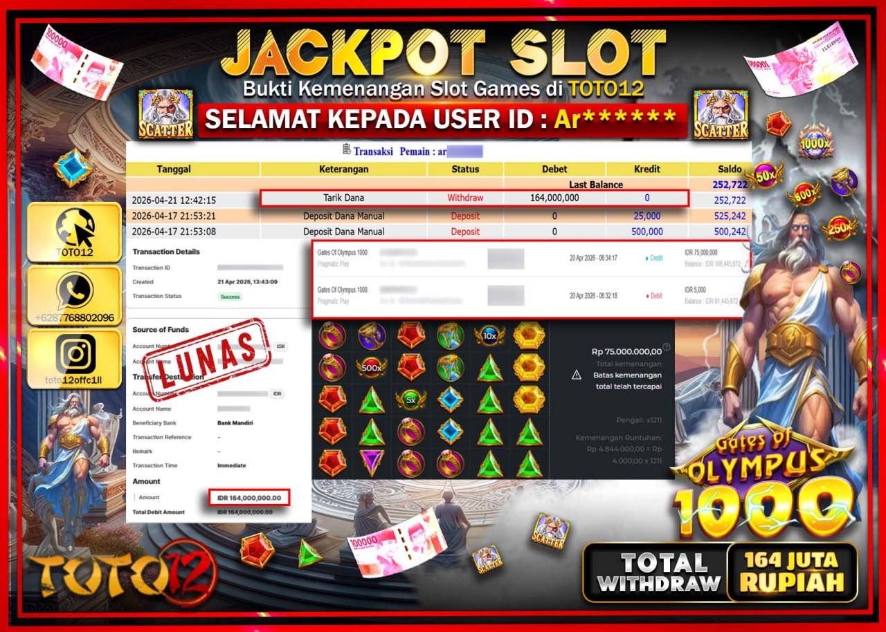 HANYA DI TOTO12 JP PASTI DI BAYAR LUNAS DAN CEPAT!!!!!! JACKPOT SLOT GAME (GATES OF OLYMPUS 1000) Rp.164.000.000!!!!