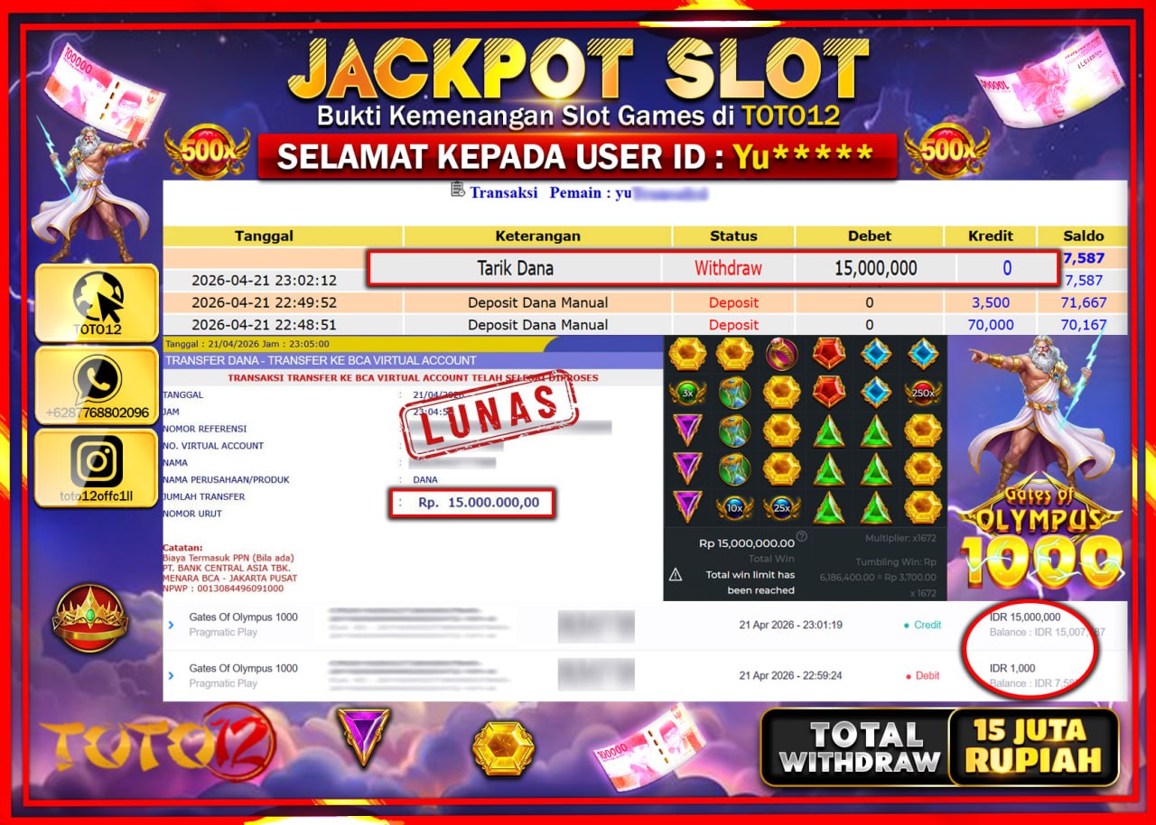 HANYA DI TOTO12 JP PASTI DI BAYAR LUNAS DAN CEPAT!!!!!! JACKPOT SLOT GAME (GATES OF OLYMPUS 1000) Rp.15.000.000!!!!