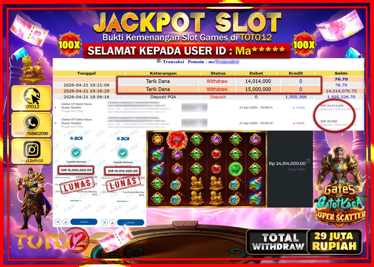 HANYA DI TOTO12 JP PASTI DI BAYAR LUNAS DAN CEPAT!!!!!! JACKPOT SLOT GAME (GATES OF GATOTKACA SUPER SCATTER) Rp.29.014.000!!!!