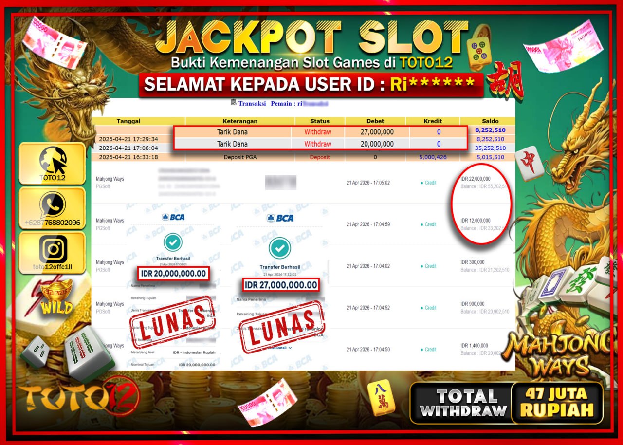 HANYA DI TOTO12 JP PASTI DI BAYAR LUNAS DAN CEPAT!!!!!! JACKPOT SLOT GAME (MAHJONG WAYS) Rp.47.000.000!!!!