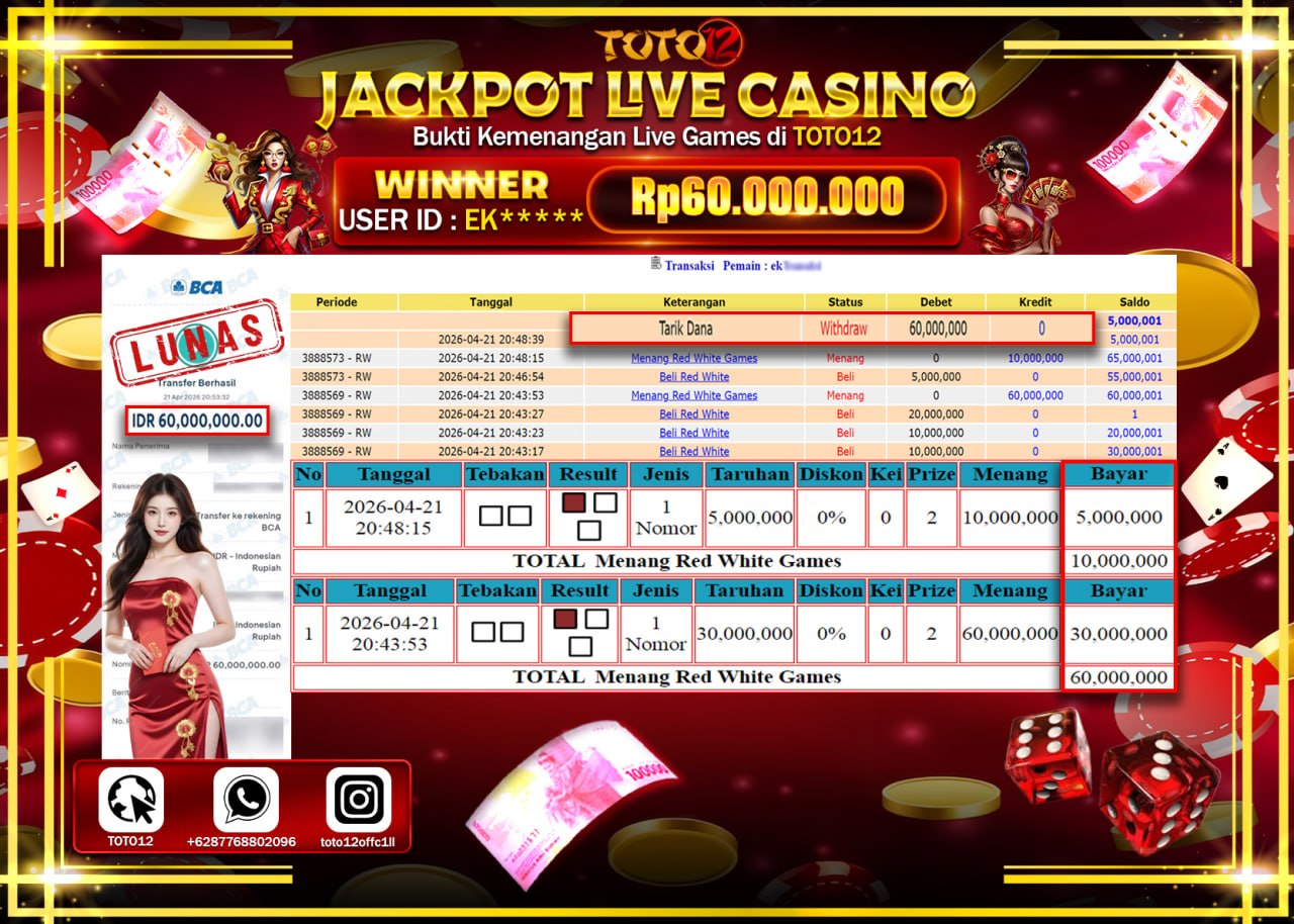 HANYA DI TOTO12 JP PASTI DI BAYAR LUNAS DAN CEPAT!!!!!! JACKPOT LIVE GAMES CASINO (RED WHITE) Rp.60.000.000!!!!