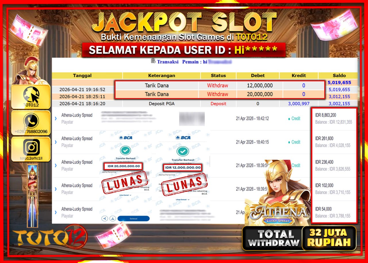 HANYA DI TOTO12 JP PASTI DI BAYAR LUNAS DAN CEPAT!!!!!! JACKPOT SLOT GAME (ATHENA LUCKY SPREAD) Rp.32.000.000!!!!