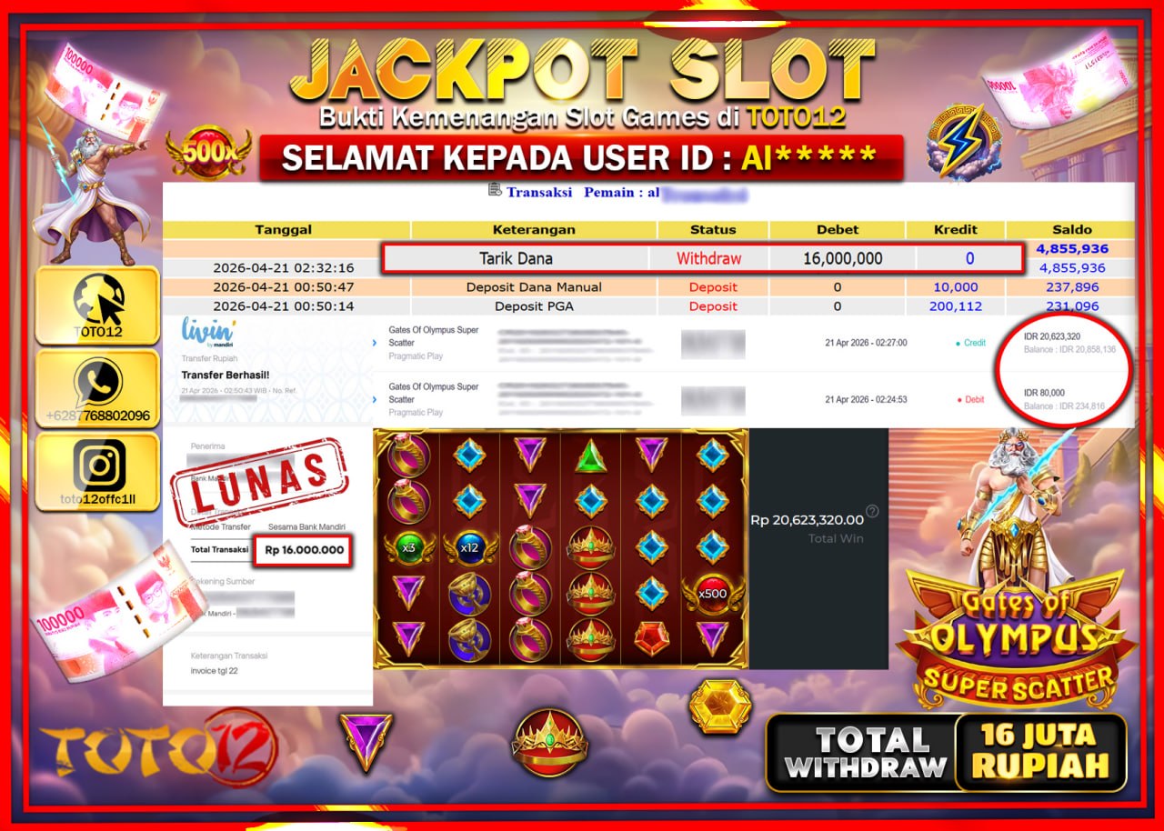 HANYA DI TOTO12 JP PASTI DI BAYAR LUNAS DAN CEPAT!!!!!! JACKPOT SLOT GAME (GATES OF OLYMPUS SUPER SCATTER) Rp.16.000.000!!!!