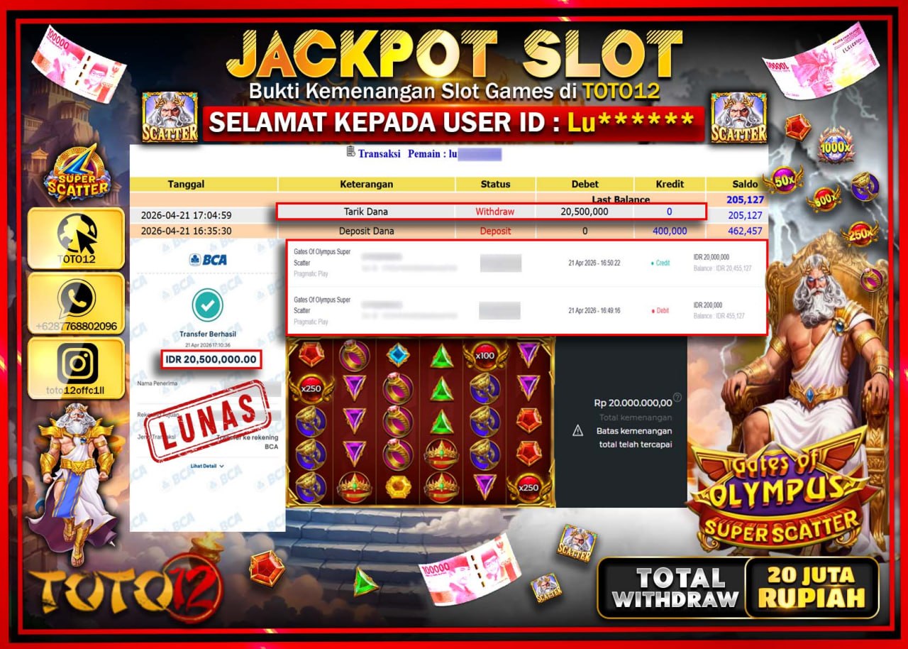 HANYA DI TOTO12 JP PASTI DI BAYAR LUNAS DAN CEPAT!!!!!! JACKPOT SLOT GAME (GATES OF OLYMPUS SUPER SCATTER) Rp.20.500.000!!!!