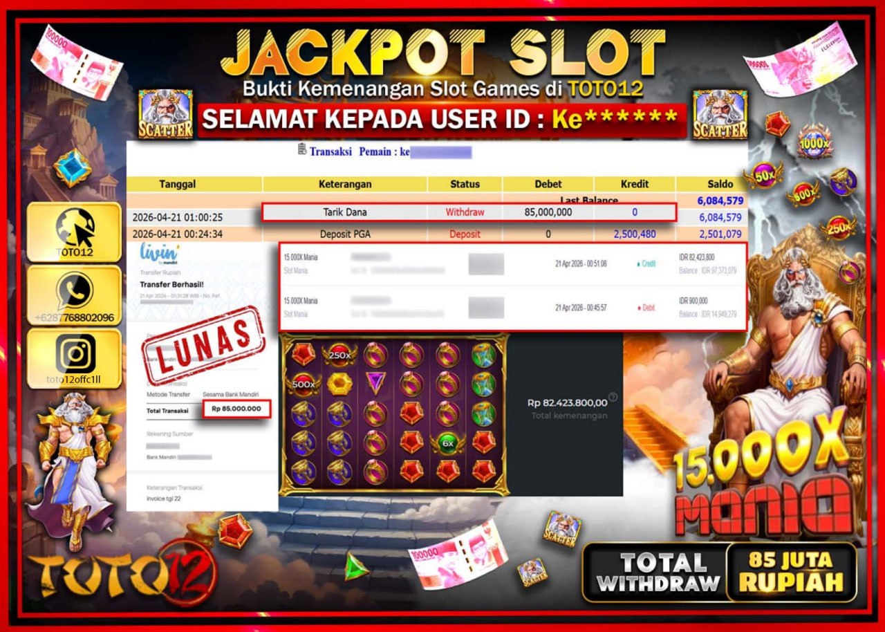 HANYA DI TOTO12 JP PASTI DI BAYAR LUNAS DAN CEPAT!!!!!! JACKPOT SLOT GAME (15.000 X MANIA) Rp.85.000.000!!!!