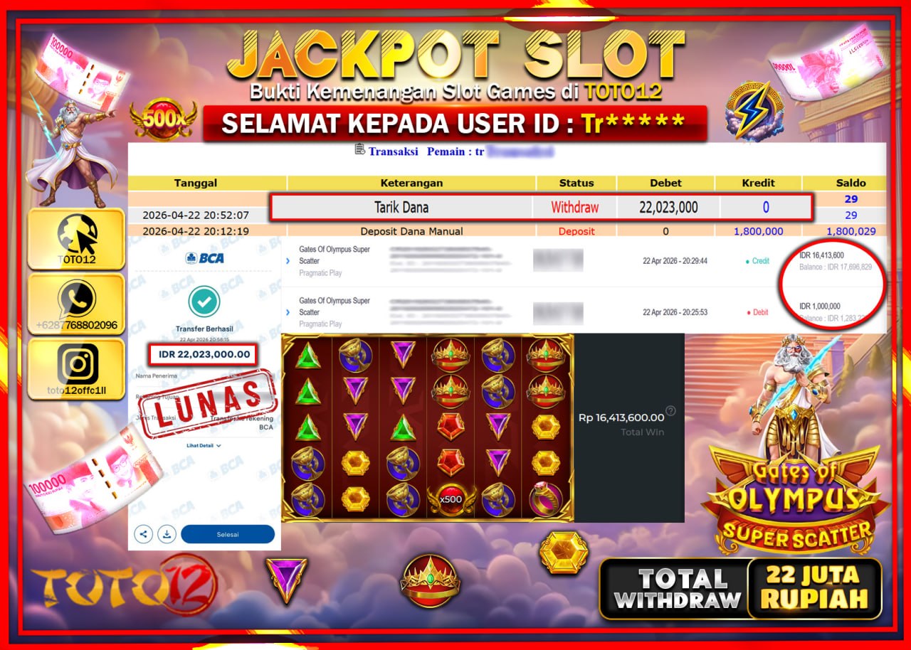 HANYA DI TOTO12 JP PASTI DI BAYAR LUNAS DAN CEPAT!!!!!! JACKPOT SLOT GAME (GATES OF OLYMPUS SUPER SCATTER) Rp.22.023.000!!!!