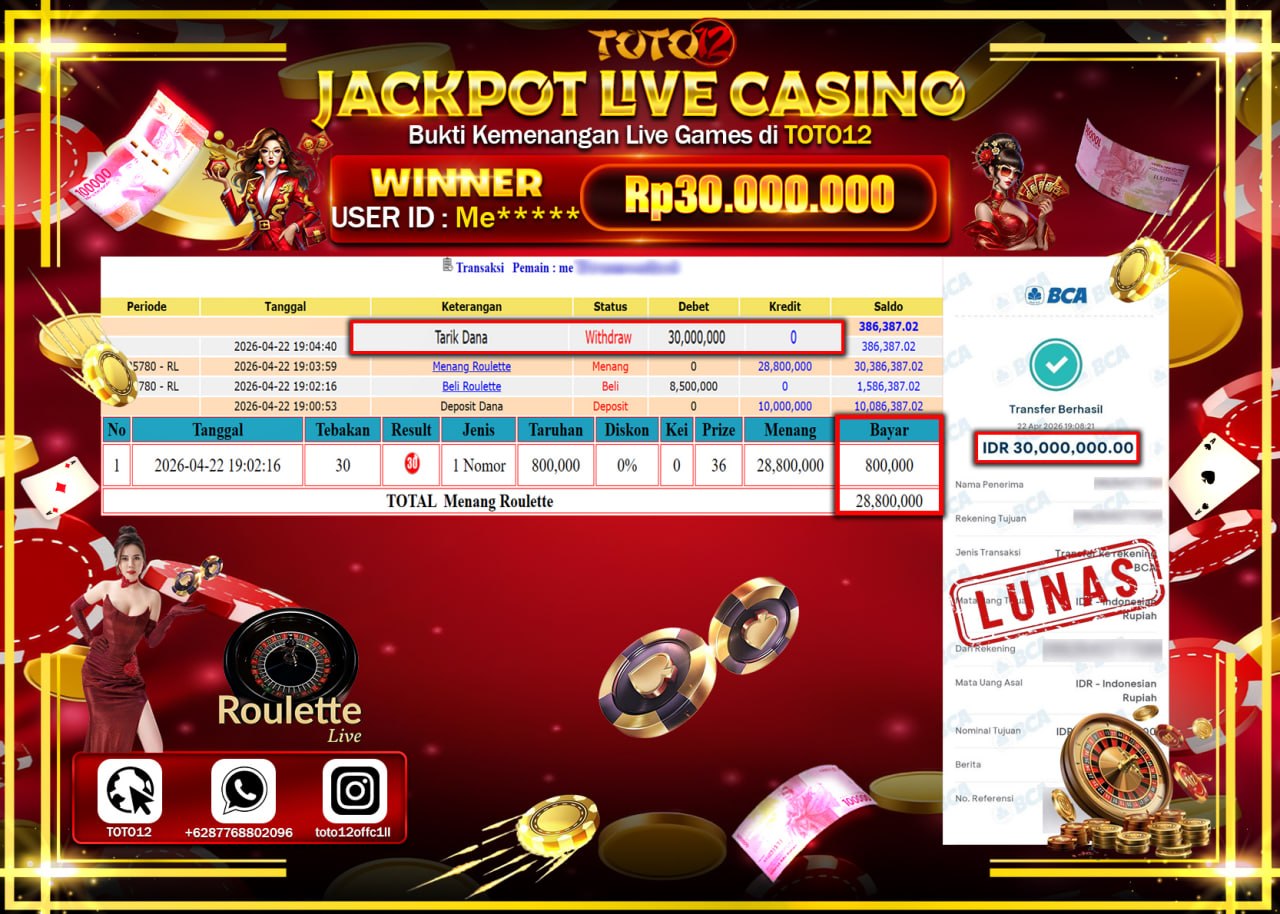 HANYA DI TOTO12 JP PASTI DI BAYAR LUNAS DAN CEPAT!!!!!! JACKPOT LIVE GAMES CASINO (ROULETTE) Rp.30.000.000!!!!