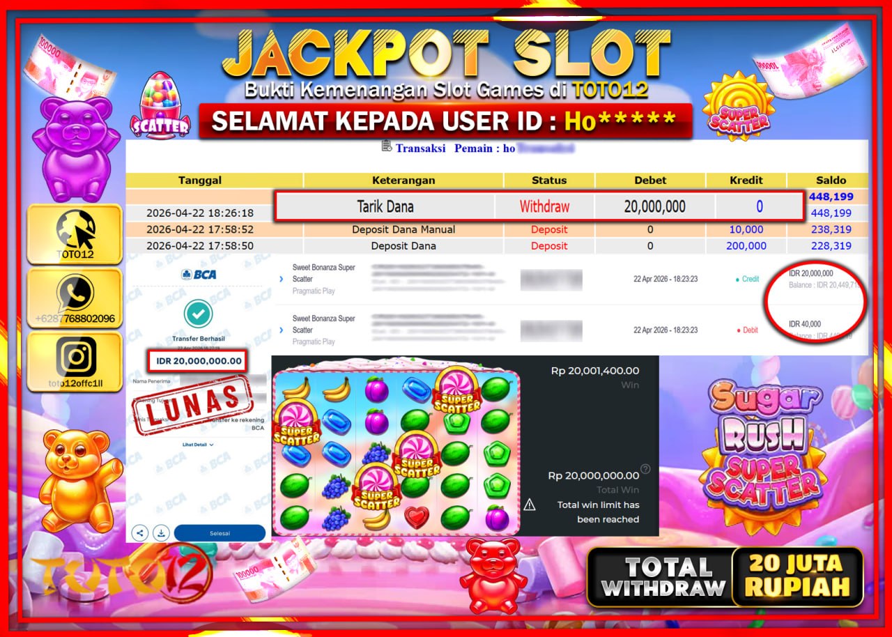 HANYA DI TOTO12 JP PASTI DI BAYAR LUNAS DAN CEPAT!!!!!! JACKPOT SLOT GAME (SUGAR RUSH SUPER SCATTER) Rp.20.000.000!!!!
