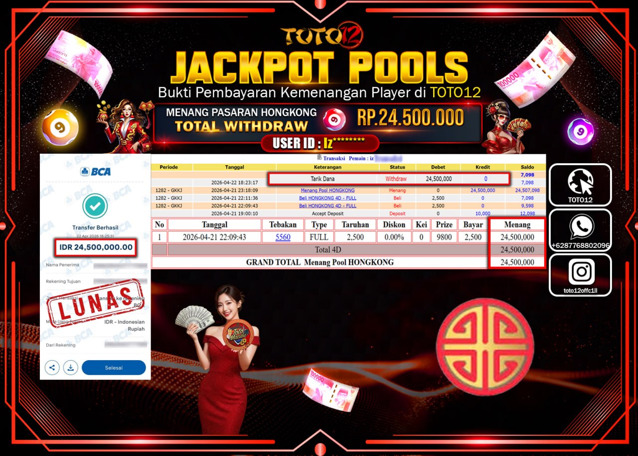 HANYA DI TOTO12 JP PASTI DI BAYAR LUNAS DAN CEPAT!!!!!! JACKPOT POOLS PASARAN( HONGKONG ) Rp.24.500.000!!!!