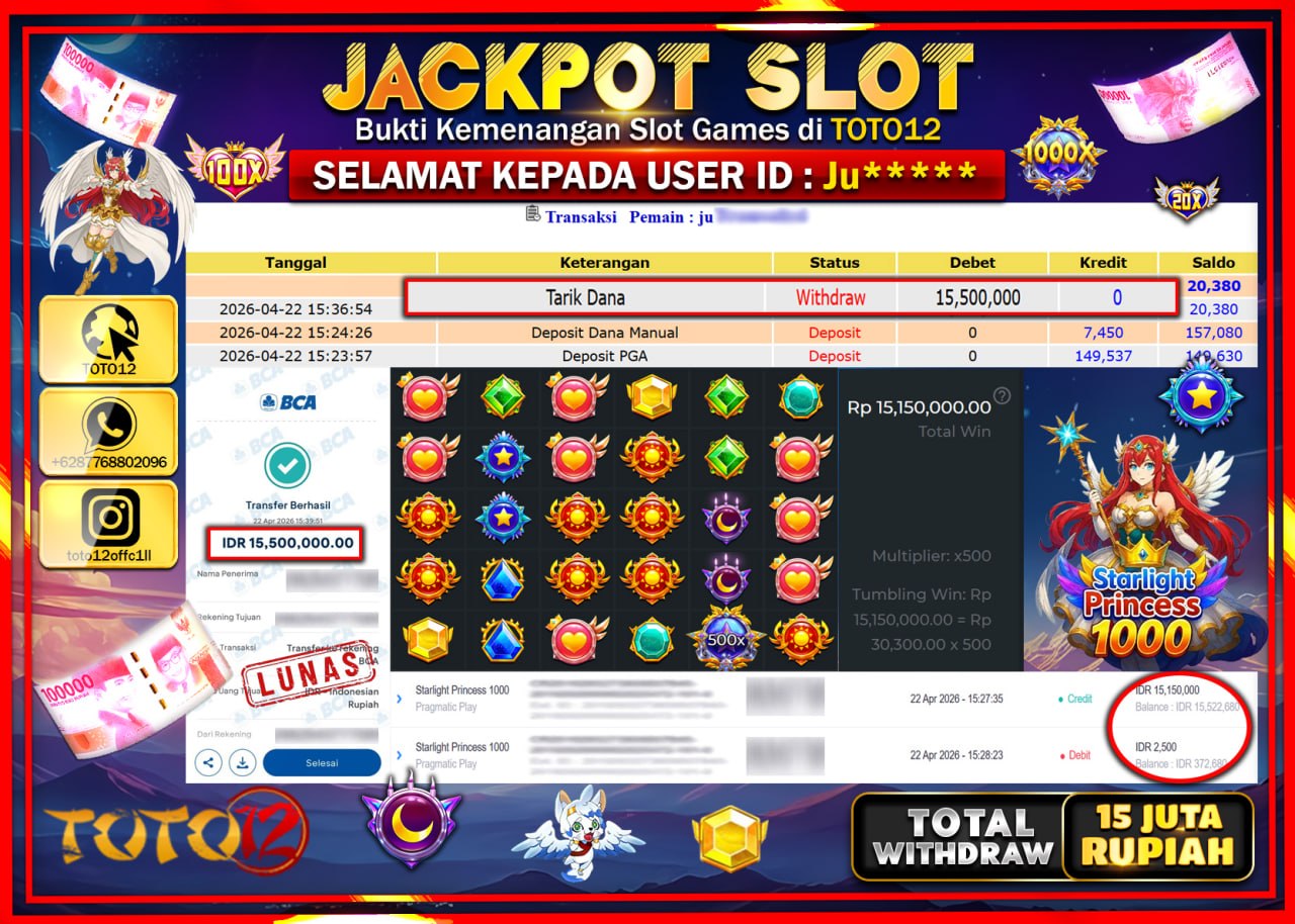 HANYA DI TOTO12 JP PASTI DI BAYAR LUNAS DAN CEPAT!!!!!! JACKPOT SLOT GAME (STARLIGHT PRINCES 1000) Rp.15.500.000!!!!