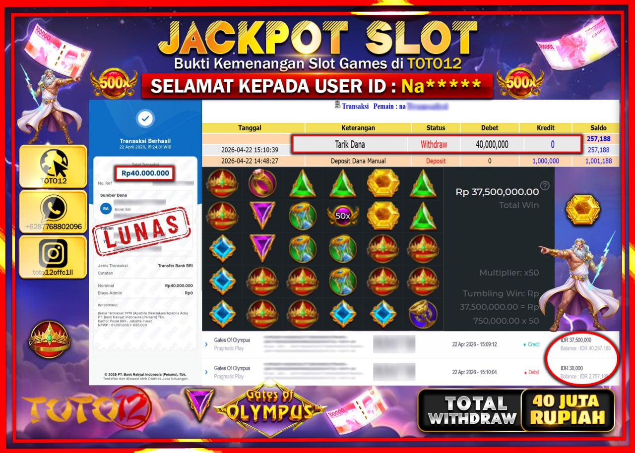 HANYA DI TOTO12 JP PASTI DI BAYAR LUNAS DAN CEPAT!!!!!! JACKPOT SLOT GAME (GATES OF OLYMPUS) Rp.40.000.000!!!!