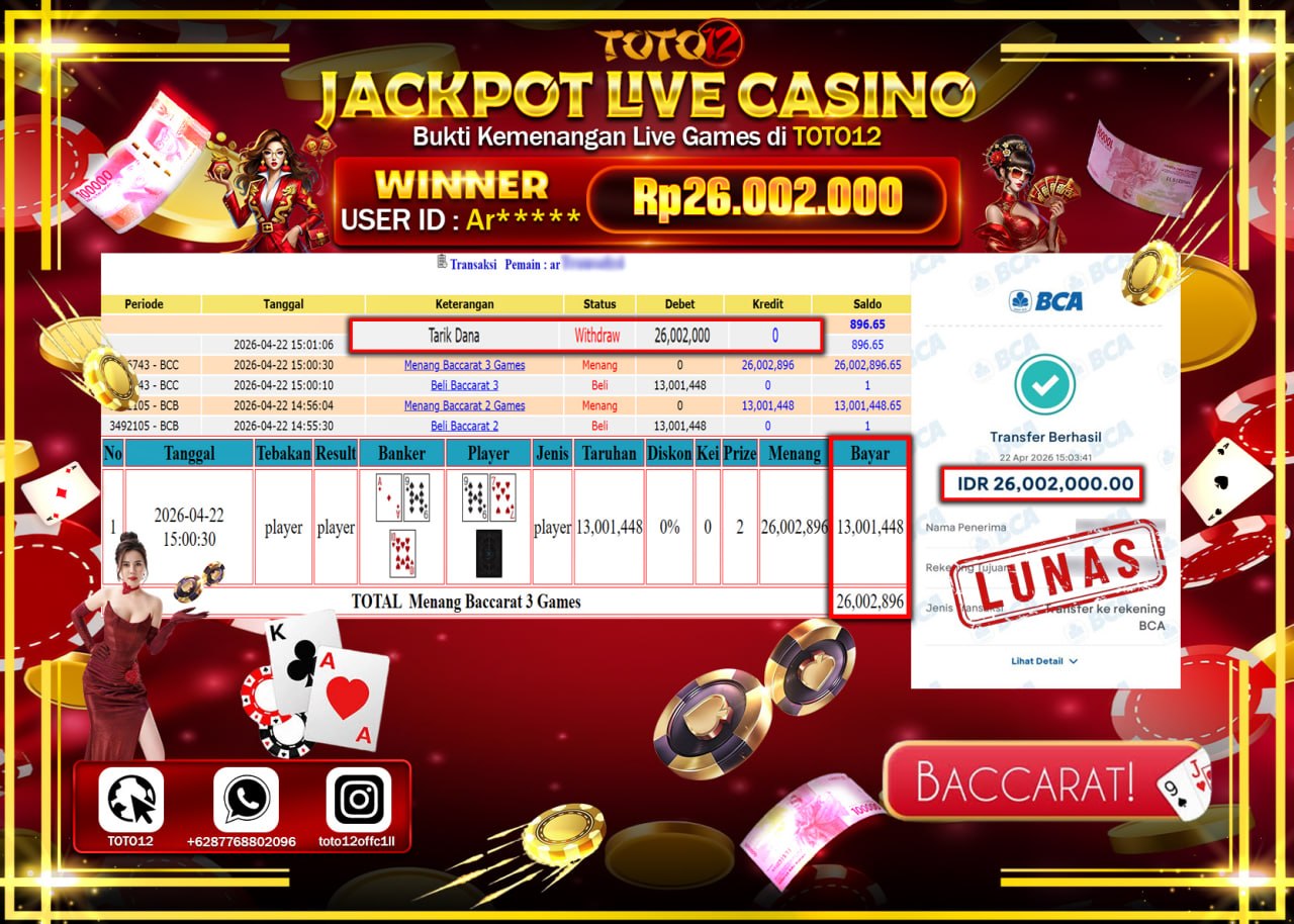 HANYA DI TOTO12 JP PASTI DI BAYAR LUNAS DAN CEPAT!!!!!! JACKPOT LIVE GAMES CASINO (BACCARAT 3) Rp.26.002.000!!!!
