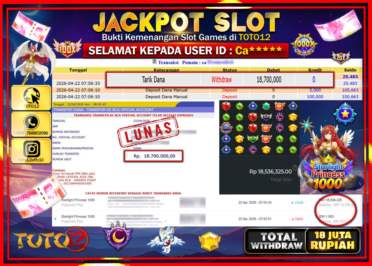 HANYA DI TOTO12 JP PASTI DI BAYAR LUNAS DAN CEPAT!!!!!! JACKPOT SLOT GAME (STARLIGHT PRINCESS 1000) Rp.18.700.000!!!!