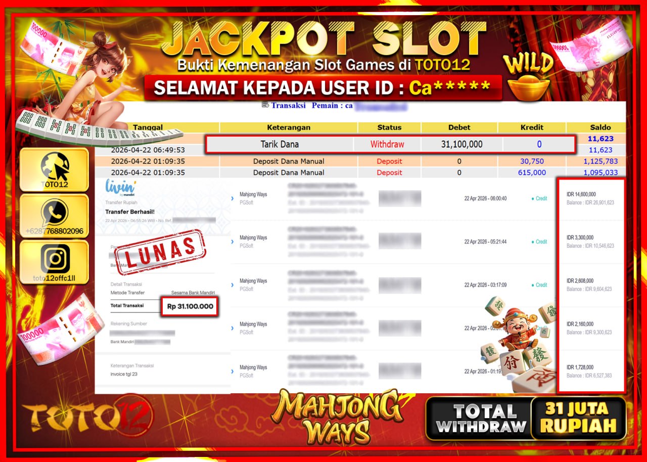 HANYA DI TOTO12 JP PASTI DI BAYAR LUNAS DAN CEPAT!!!!!! JACKPOT SLOT GAME (MAHJONG WAYS) Rp.31.100.000!!!!