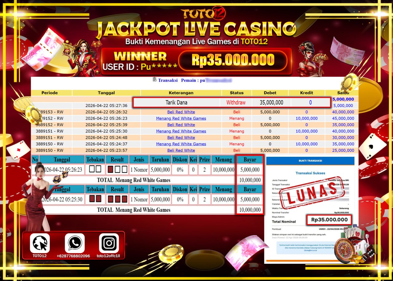 HANYA DI TOTO12 JP PASTI DI BAYAR LUNAS DAN CEPAT!!!!!! JACKPOT LIVE GAMES CASINO (RED WHITE) Rp.35.000.000!!!!