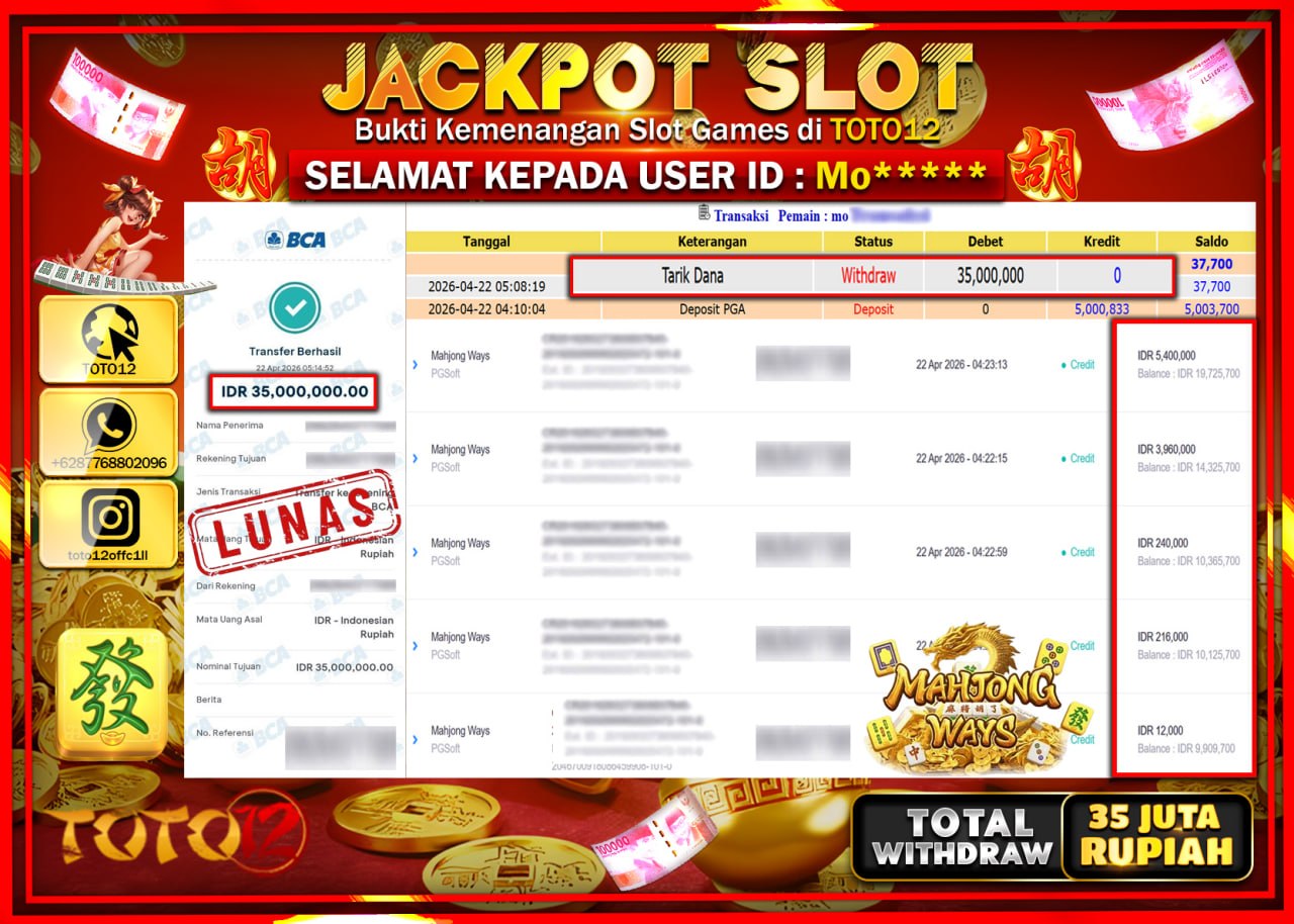HANYA DI TOTO12 JP PASTI DI BAYAR LUNAS DAN CEPAT!!!!!! JACKPOT SLOT GAME (MAHJONG WAYS) Rp.35.000.000!!!!