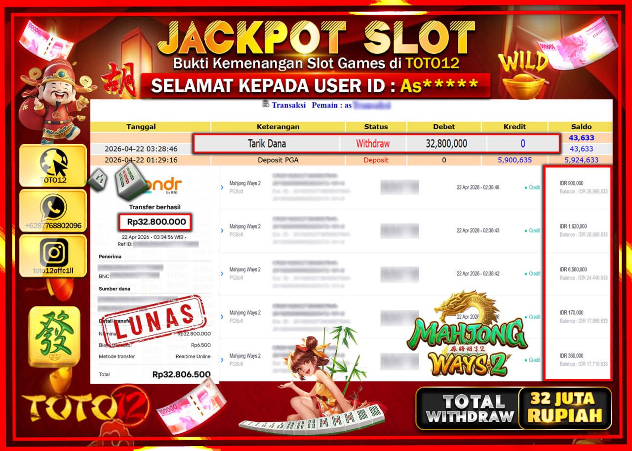 HANYA DI TOTO12 JP PASTI DI BAYAR LUNAS DAN CEPAT!!!!!! JACKPOT SLOT GAME (MAHJONG WAYS 2) Rp.32.800.000!!!!