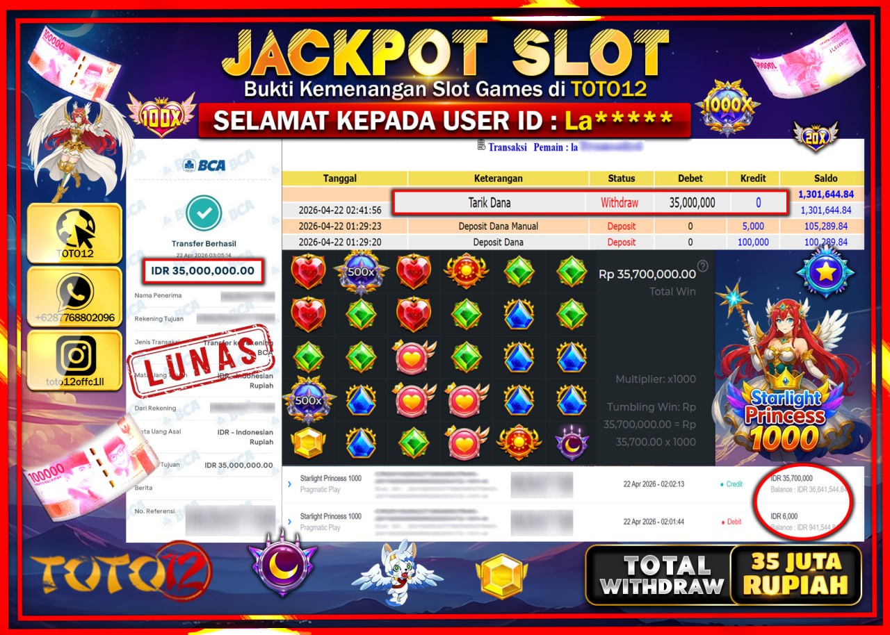 HANYA DI TOTO12 JP PASTI DI BAYAR LUNAS DAN CEPAT!!!!!! JACKPOT SLOT GAME (STARLIGHT PRINCES) Rp.35.000.000!!!!