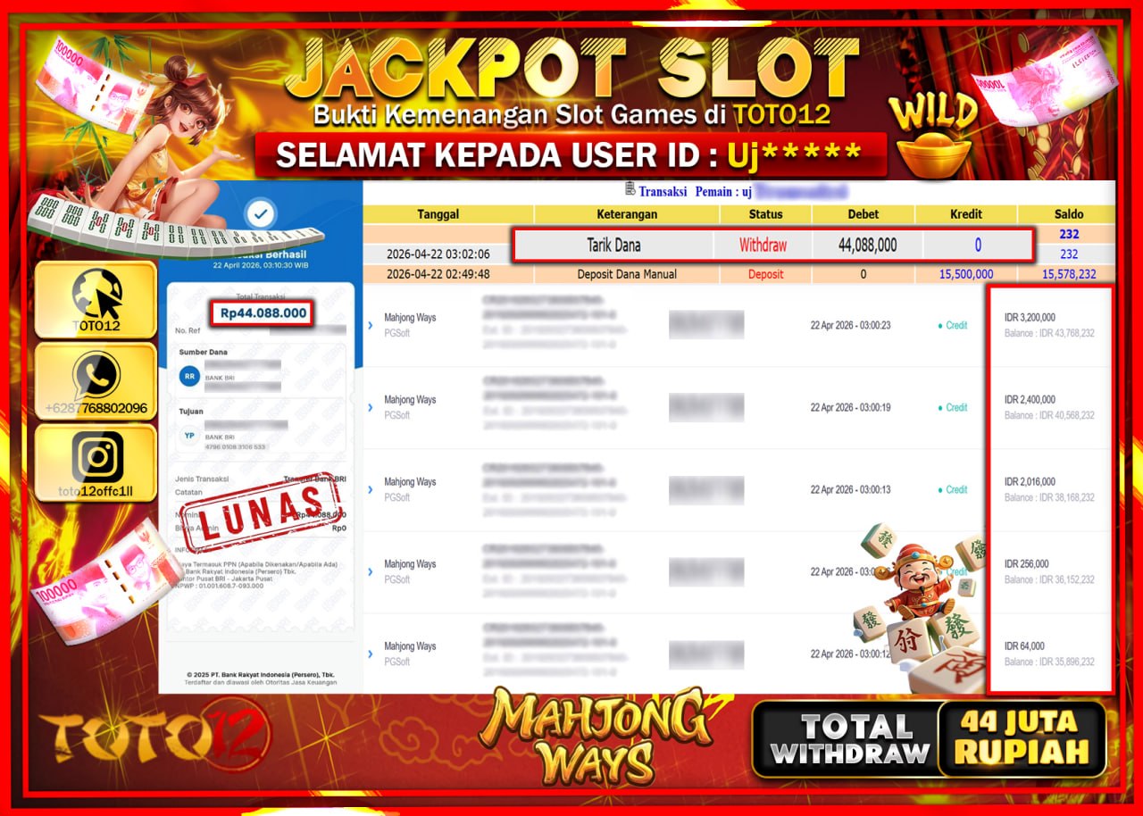 HANYA DI TOTO12 JP PASTI DI BAYAR LUNAS DAN CEPAT!!!!!! JACKPOT SLOT GAME (MAHJONG WAYS) Rp.44.088.000!!!!