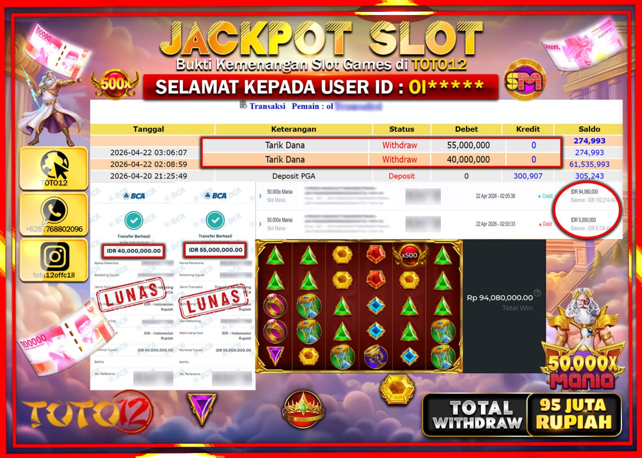 HANYA DI TOTO12 JP PASTI DI BAYAR LUNAS DAN CEPAT!!!!!! JACKPOT SLOT GAME (50.000 X MANIA) Rp.95.000.000!!!!