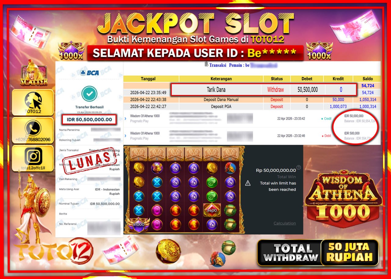 HANYA DI TOTO12 JP PASTI DI BAYAR LUNAS DAN CEPAT!!!!!! JACKPOT SLOT GAME (WISDOM OF ATHENA) Rp.50.500.000!!!!