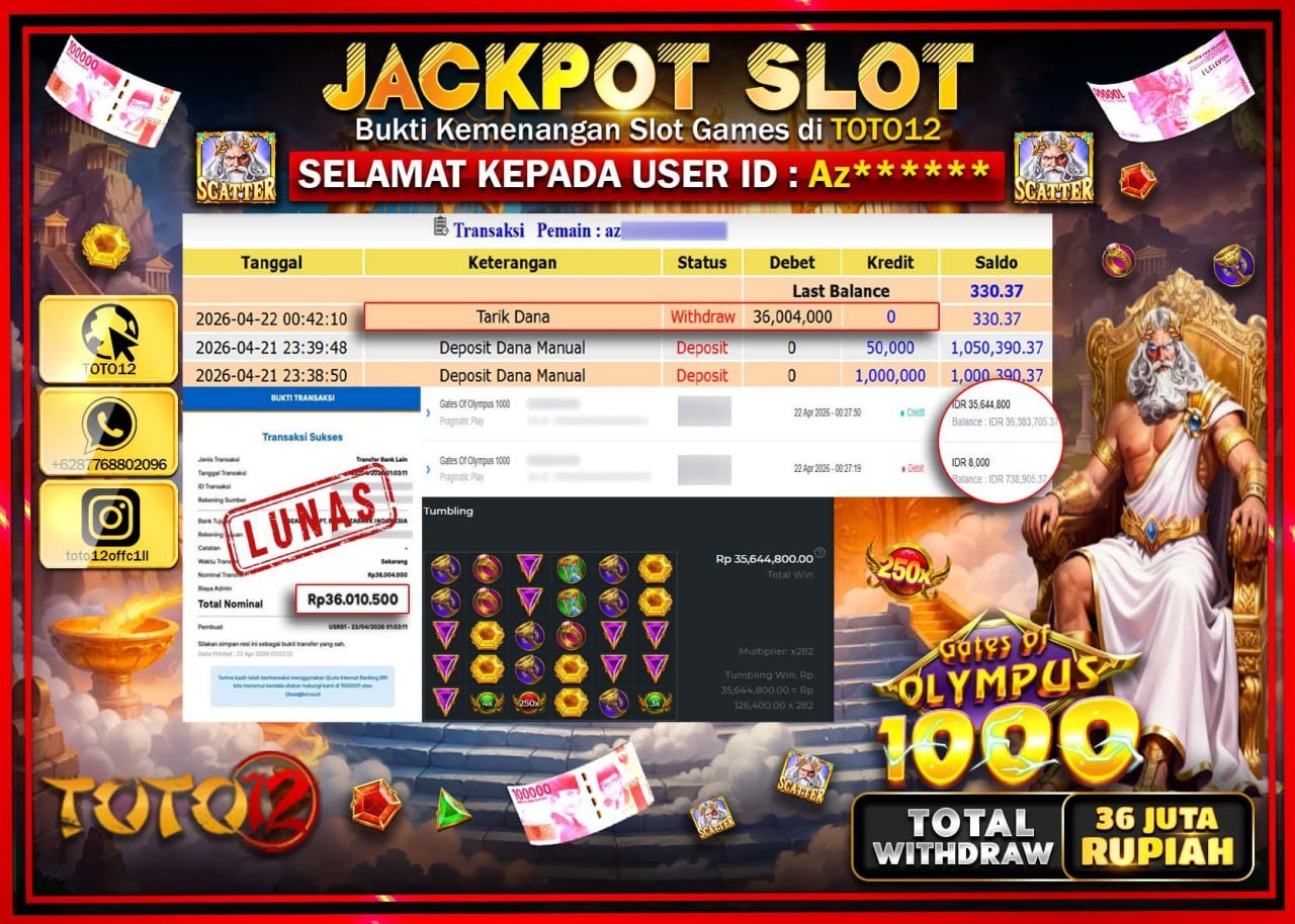 HANYA DI TOTO12 JP PASTI DI BAYAR LUNAS DAN CEPAT!!!!!! JACKPOT SLOT GAME (GATES OF OLYMPUS 1000) Rp.36.004.000!!!!