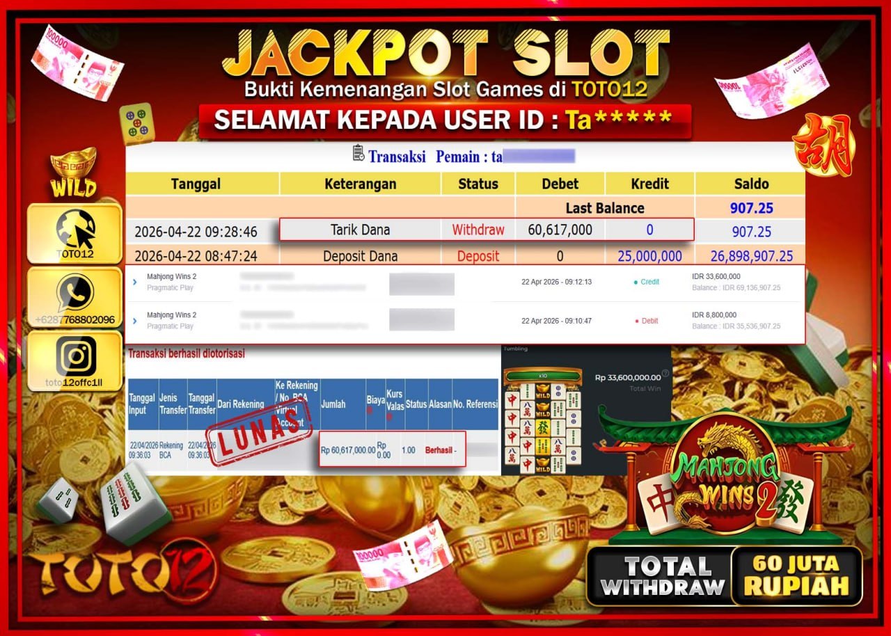HANYA DI TOTO12 JP PASTI DI BAYAR LUNAS DAN CEPAT!!!!!! JACKPOT SLOT GAME (MAHJONG WINS 2) Rp.60.617.000!!!!