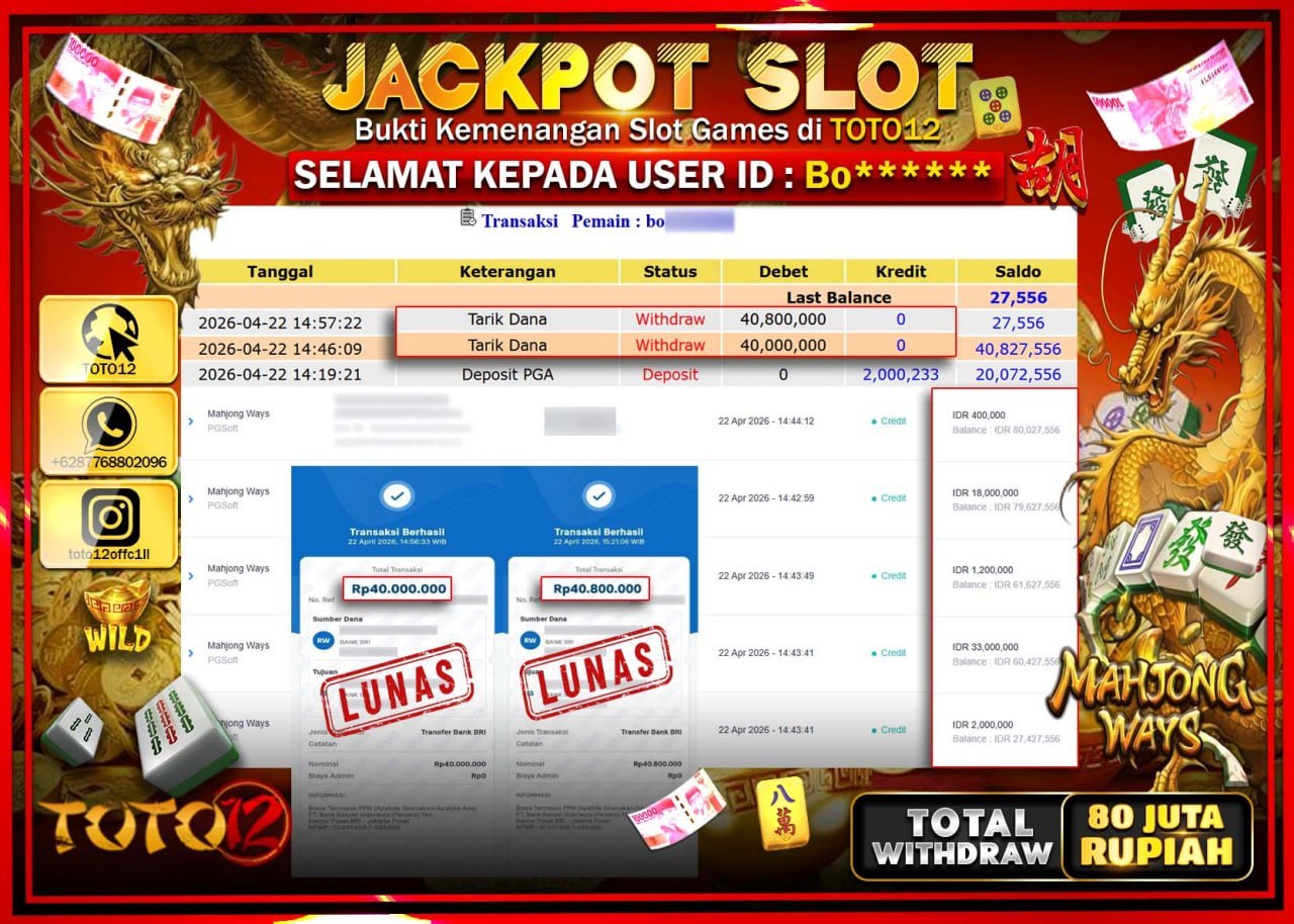 HANYA DI TOTO12 JP PASTI DI BAYAR LUNAS DAN CEPAT!!!!!! JACKPOT SLOT GAME (MAHJONG WAYS) Rp.80.800.000!!!!