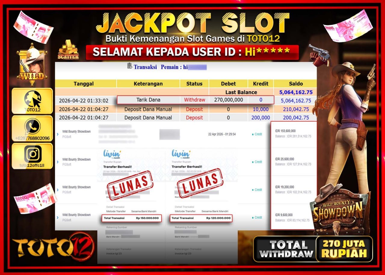 HANYA DI TOTO12 JP PASTI DI BAYAR LUNAS DAN CEPAT!!!!!! JACKPOT SLOT GAME (WILD BOUNTY SHOWDOWN) Rp.270.000.000!!!!