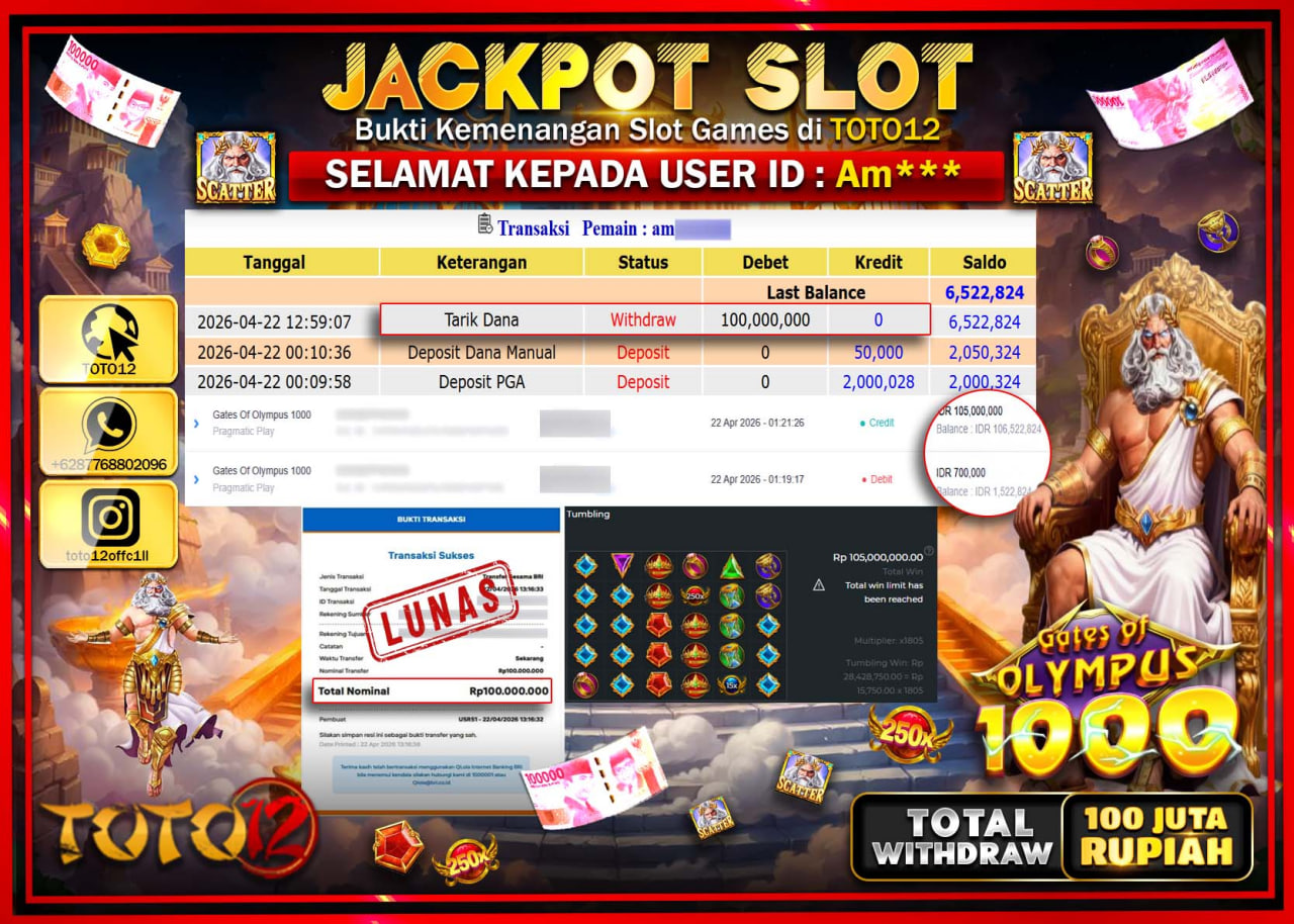 HANYA DI TOTO12 JP PASTI DI BAYAR LUNAS DAN CEPAT!!!!!! JACKPOT SLOT GAME (GATES OF OLYMPUS 1000) Rp.100.000.000!!!!