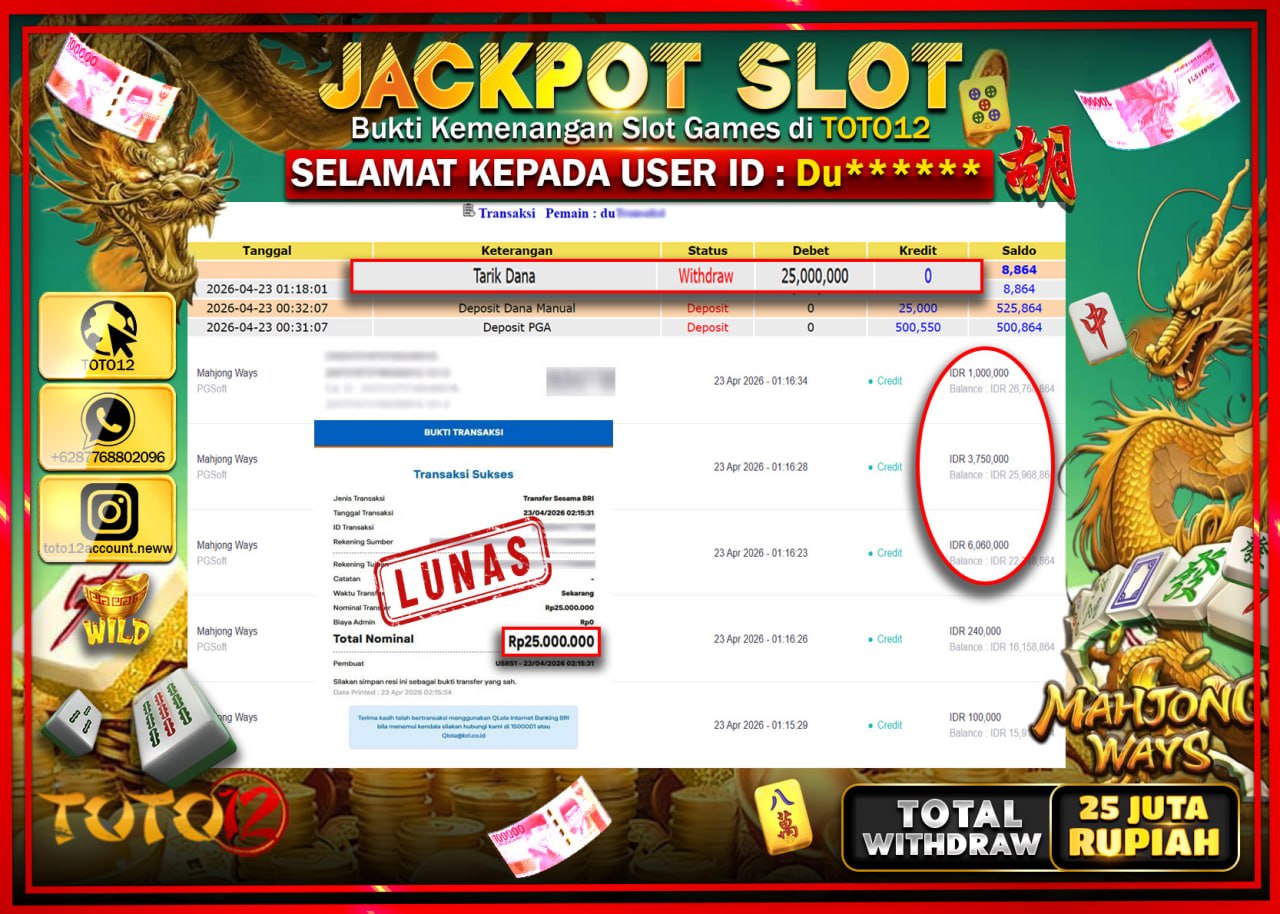 HANYA DI TOTO12 JP PASTI DI BAYAR LUNAS DAN CEPAT!!!!!! JACKPOT SLOT GAME (MAHJONG WAYS) Rp.25.000.000!!!!