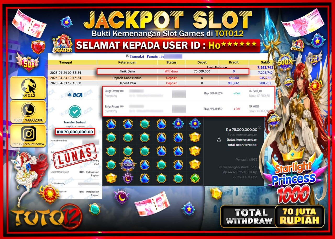 HANYA DI TOTO12 JP PASTI DI BAYAR LUNAS DAN CEPAT!!!!!! JACKPOT SLOT GAME (STARLIGHT PRINCESS 1000) Rp.70.000.000!!!!