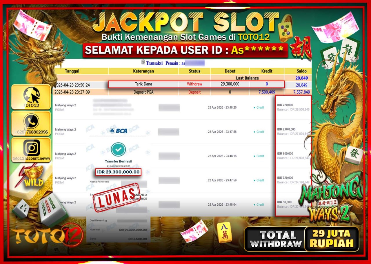 HANYA DI TOTO12 JP PASTI DI BAYAR LUNAS DAN CEPAT!!!!!! JACKPOT SLOT GAME (MAHJONG WAYS 2) Rp.29.300.000!!!!
