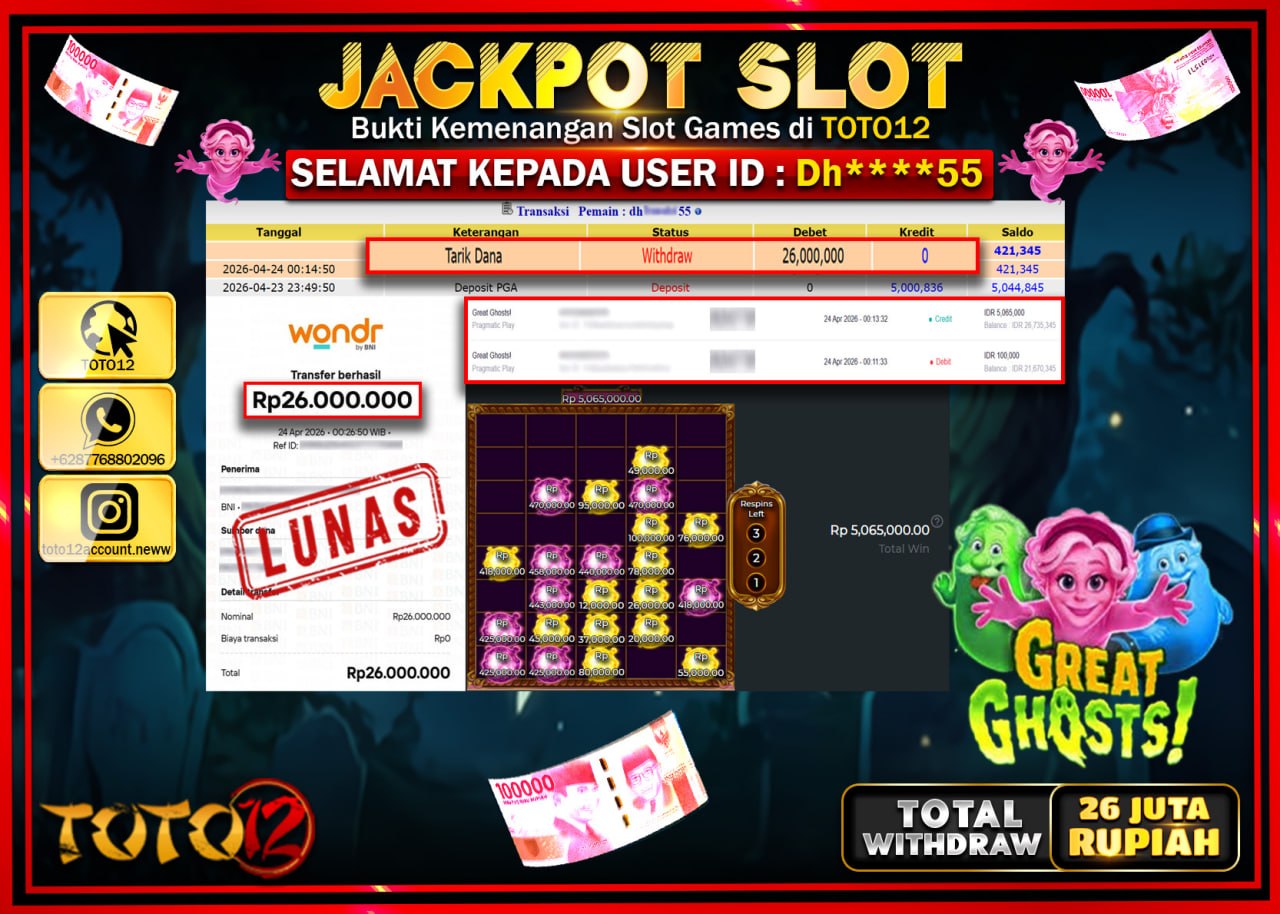 HANYA DI TOTO12 JP PASTI DI BAYAR LUNAS DAN CEPAT!!!!!! JACKPOT SLOT GAME (GREAT GHOSTS) Rp.26.000.000!!!!
