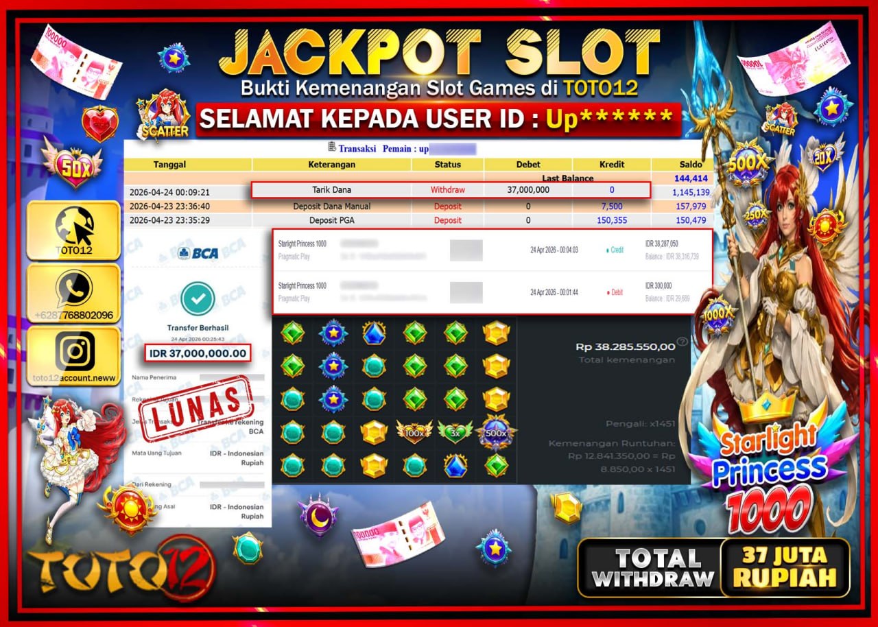 HANYA DI TOTO12 JP PASTI DI BAYAR LUNAS DAN CEPAT!!!!!! JACKPOT SLOT GAME (STARLIGHT PRINCESS 1000) Rp.37.000.000!!!!
