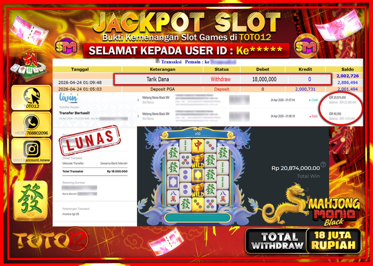 HANYA DI TOTO12 JP PASTI DI BAYAR LUNAS DAN CEPAT!!!!!! JACKPOT SLOT GAME (MAHJONG MANIA BLACK) Rp.18.000.000!!!!