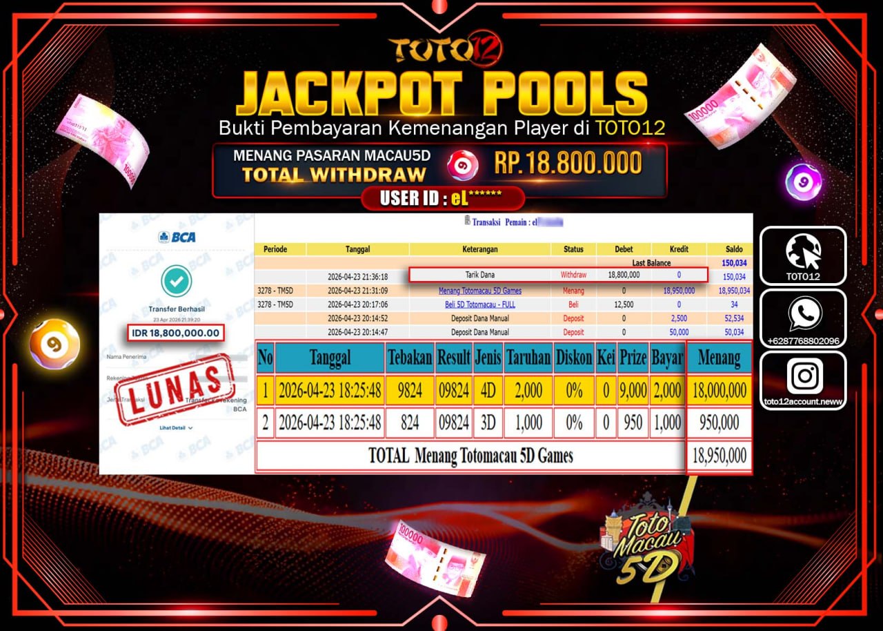 HANYA DI TOTO12 JP PASTI DI BAYAR LUNAS DAN CEPAT!!!!!! JACKPOT POOLS PASARAN(MACAU 5D) Rp.18.800.000!!!!