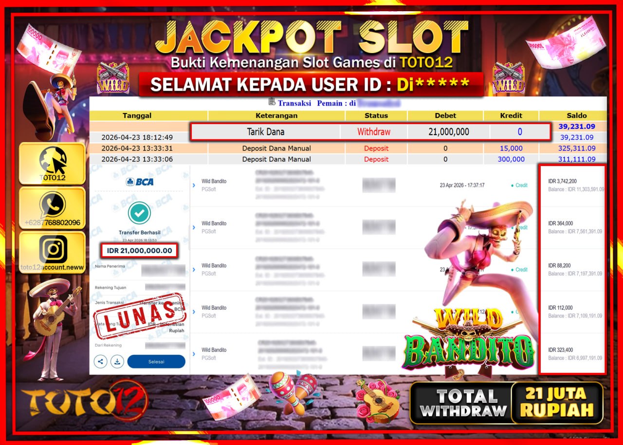 HANYA DI TOTO12 JP PASTI DI BAYAR LUNAS DAN CEPAT!!!!!! JACKPOT SLOT GAME (WILD BANDITO) Rp.21.000.000!!!!