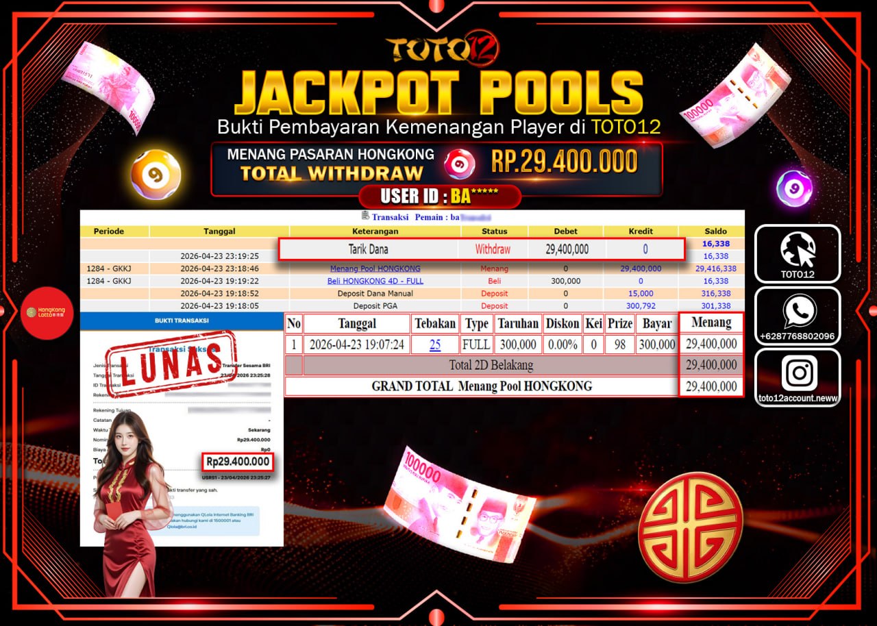 HANYA DI TOTO12 JP PASTI DI BAYAR LUNAS DAN CEPAT!!!!!! JACKPOT POOLS PASARAN( HONGKONG ) Rp.29.400.000!!!!